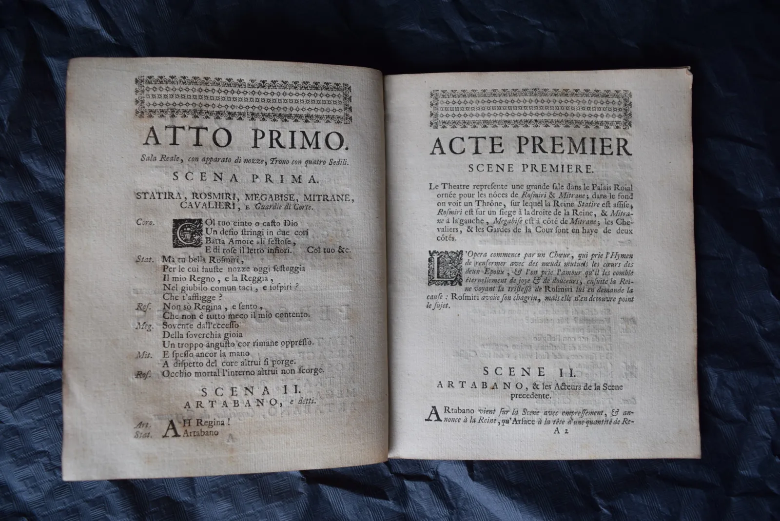 L'Arsace 1727 | Deze uitgave met het Italiaans libretto bevat ook samenvattingen van de sc&egrave;nes in het Frans.