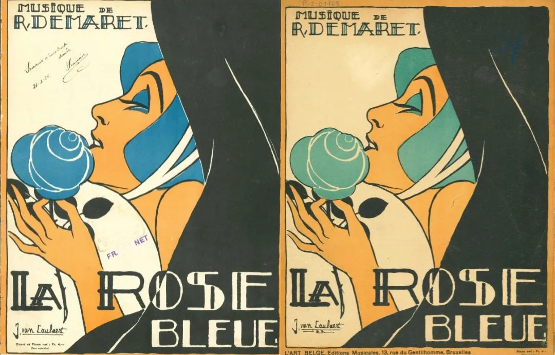 Voor een compositie met als titel &lsquo;La rose bleue&rsquo; is het niet onverwacht dat de ontwerper Jean Van Caulaert kiest voor een afbeelding van een blauwe roos. Maar wanneer de drukinkt een afwijkende tint heeft, krijgt het ontwerp ineens een surrealistische dimensie. 
