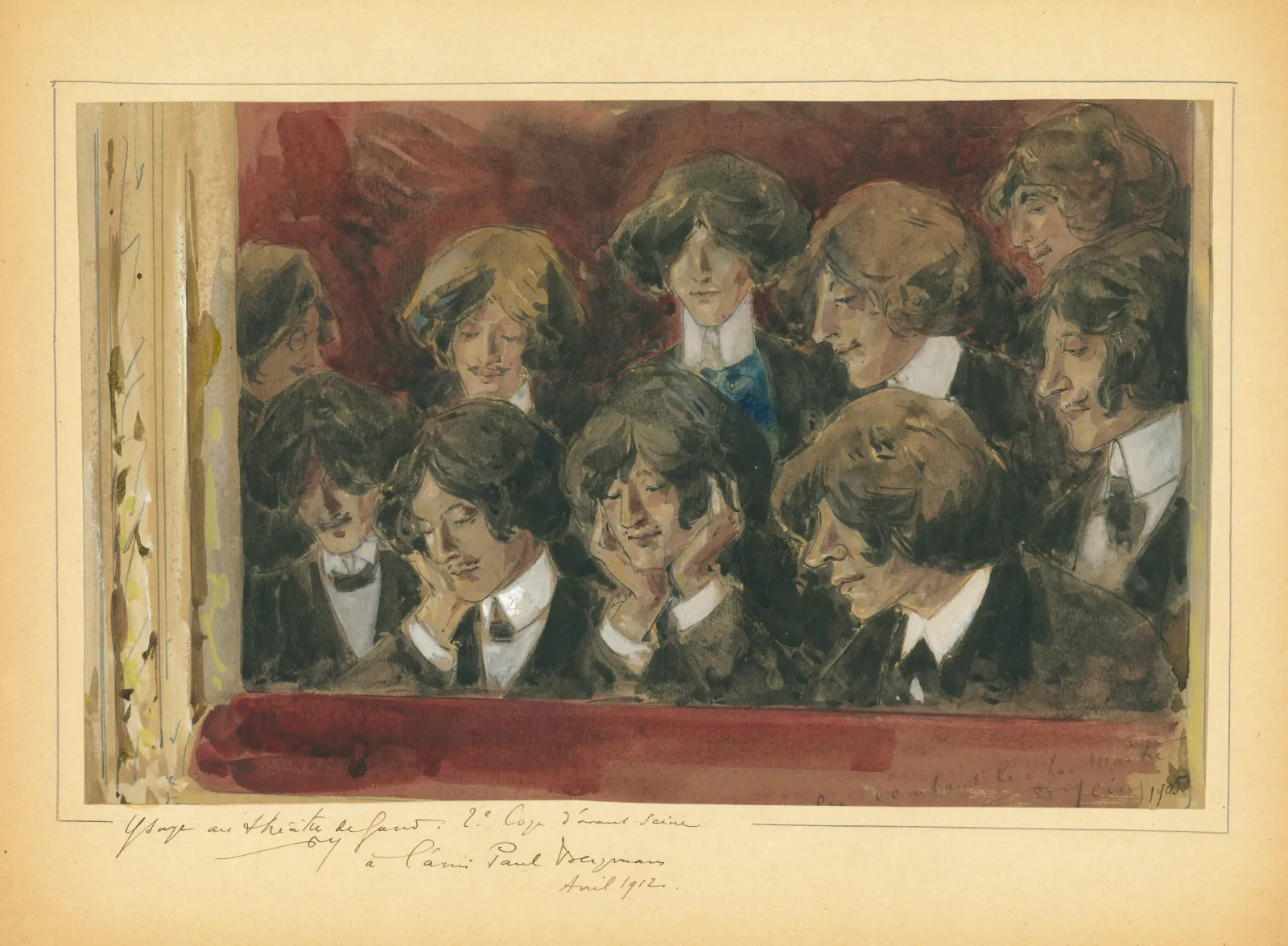 Deze aquarel van de Gentse schilder Armand Heins (1856-1938) hoort duidelijk bij de schets. De aquarel heet &lsquo;Ysa&yuml;e au Th&eacute;&acirc;tre de Gand&rsquo;. De studenten van Ysa&yuml;e zijn ongetwijfeld allen violisten. Ze delen niet alleen een gemeenschappelijke muzikale smaak maar ook op modieus vlak zijn de violen duidelijk gestemd. 